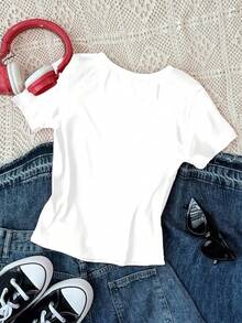 SHEIN 3件套少女休闲简约圆领短袖高腰露脐常规T恤，适合夏季穿着 - 彩色 - 查看 8