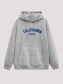 Open Phase 男士长袖口袋卡通印花休闲连帽衫，秋季INS风，日常搭配，男友/老公礼物，春季 - 灰色 - 查看 1