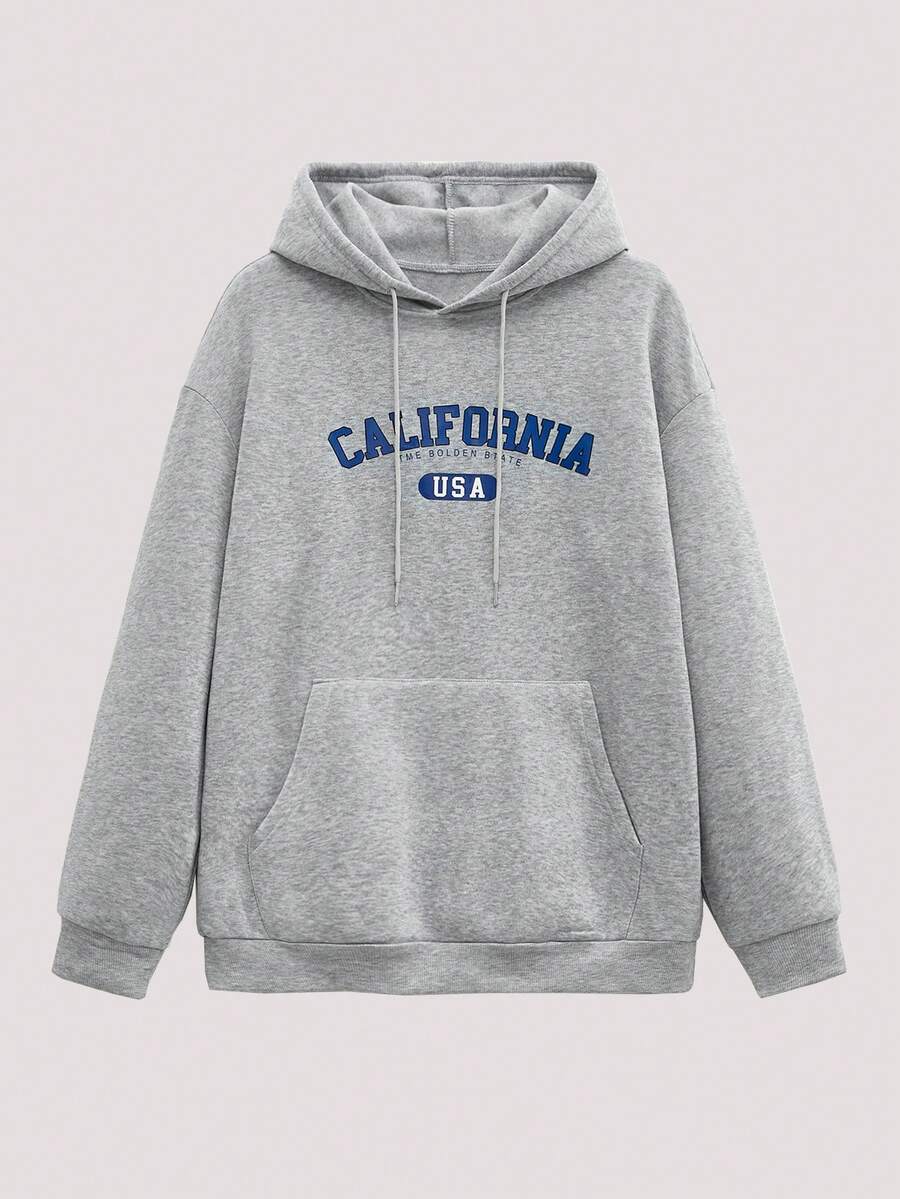 Open Phase 男士长袖口袋卡通印花休闲连帽衫，秋季INS风，日常搭配，男友/老公礼物，春季 - 灰色 - 查看 1