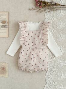 SHEIN Baby Girl 2pcs/Set Fall Outfits For Girl Casual Daily Style Loose Suit, Long Sleeves Basic Top&Heart-Printing Bodysuits - Apricot - View 8