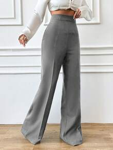 EURMUSE Petite Size Women's Casual Solid High Waist Straight Leg Pants - Light Grey - View 4