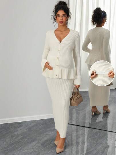 Momance Elegant set med enfärgad kofta och stickad kjol för gravida, höst/vinter