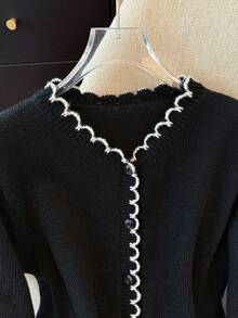 SHEIN Franclia French Romantic Contrast Color Ruffle Trim Cardigan, Commuter Style - Black - View 4