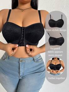 DesireSculpt 1pc Plus Size Women Lace Patchwork Wireless Bra - Black - View 1