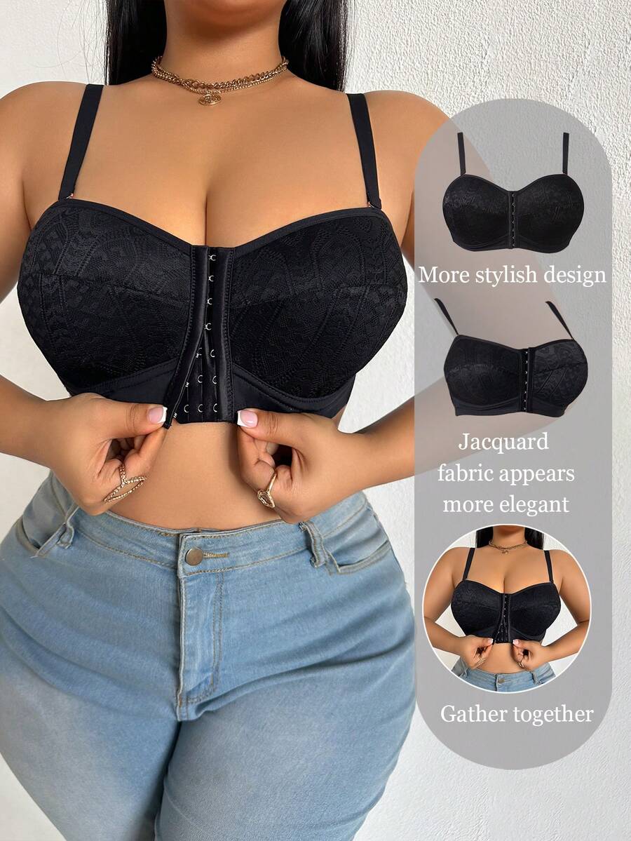 DesireSculpt 1pc Plus Size Women Lace Patchwork Wireless Bra - Black - View 1