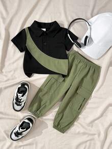 SHEIN Playful Pals 两件套男婴休闲街头风撞色短袖Polo衫搭配弹力腰纯绿色工装长裤套装，适合户外、休闲、旅行，适合6个月至2-3岁男婴。男婴街头风工装裤，男童黑色Polo衫 - 彩色 - 查看 3