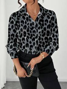 Elenzga Camisa de mujer de manga larga con estampado de leopardo de talla grande - Multicolor - Ver 4