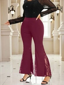 SHEIN Clasi Quần ống loe bó sát phối ren co giãn cỡ lớn màu đen - Màu Đỏ Sâu - Xem 3