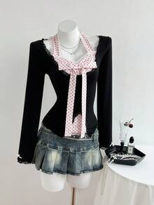 Elamini 女士撞色蝴蝶结领蕾丝拼接长袖T恤 - 黑色 - 查看 4