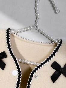 女婴优雅精致甜美蝴蝶结装饰珍珠纽扣舒适毛绒背心 - 杏色 - 查看 3