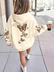 Sparklyn 少女秋冬舒适时尚休闲创意个性清新别致简约黑棕色豹纹蝴蝶图案印花卫衣，秋冬季穿着舒适 - 卡其色 - 查看 3