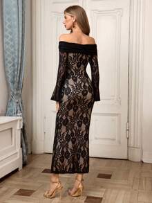 Glyssa Robe moulante à manches longues avec épaules dénudées en style vintage français, en tricot et dentelle. Convient pour les fêtes, galas et occasions formelles en automne/hiver - Noir - Voir 2