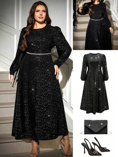 Ellevyn Plus Size Women's  Christmas And New Year Shiny Hot Stamping  Round ,Neck Lantern Sleeve Elegant A-Line Maxi Dress Dress,Hot Stamping Dress,High Quality Hot Silver Fabric,Formal Dresses For Women ,Luxury Dress,Chic Evening Dress ,Size Formal Dress,Winter Dress,Women Dresses Autumn Winter,Cozy Fall And Winter Clothes For Women,One-Piece Dress Ladies Autumn Winter,Christmas Party Dress,New Year Dress,Clothes For New Year, Thanksgiving Outfit For Women, Elegant Dresses For Party,Party Dresses,Elegant Dresses For Ladies,Sequin Dress, Sparkly Dress,Shiny Dress,Black Dress,Black Dresses For Women,Party Dresses ,Going Out, Graduation Dress , Graduation Guest Dress , Ball Gown,Prom Dresses For Women ,Formal Ball Gowns For Women , Night Out,Date Night Outfits Women,Mother Of The Bride Dresses For Wedding,2025 New,Suitable For Multiple Occasions Valentine's Day Outfit