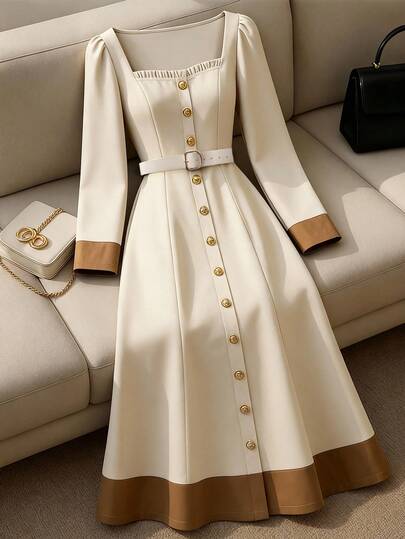 GlowEve CURVE 大码女士优雅撞色长袖连衣裙，方领，系带腰身，单排扣金属纽扣，A字廓形，杏色