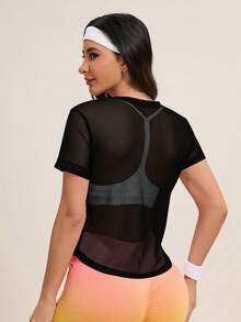 Cheerettes 1 Áo thun thể thao lưới màu trơn cổ tròn tay ngắn dành cho nữ - màu đen - Xem 2