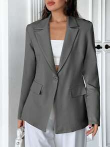 EURMUSE Women, Autumn, Jacket, Blazer, Beige, Regular Length, Regular Fit, Jersey Fabric, Slightly Elastic Fabric, Button, Fake Pocket, - Grey - View 6