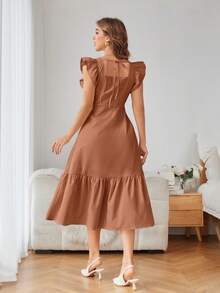 Revavyn Women's Solid Color Square Neck Ruffle Hem Elegant Dress, Suitable For Spring/Summer - Khaki - View 2