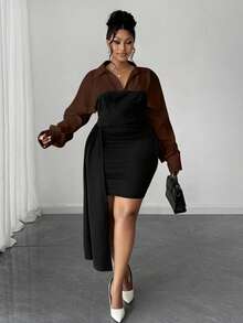 Maweii Plus Size Asymmetrical Ruffle Hem Contrast Color Block Bodycon Dress - Brown - View 3
