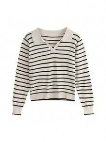 Blusa suéter para mujer manga larga cuello polo rayas beige negro casual dama cómoda suave ligera elegante otoño invierno oficina diario estilos acogedores de otoño&invierno blusas para mujer suéteres de mujer moda coreana básica moderna - Beis - Ver 10