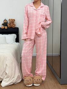 Pink Plaid Lapel Collar Top & Pants Pajama Set, Winter Clothes
