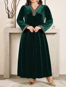 Al Najma Elegant Loose Long Sleeve Dress With Luxurious Ribbon Trim On V-Neck, Velvet Fabric In Olive Green - Dark Green - View 8