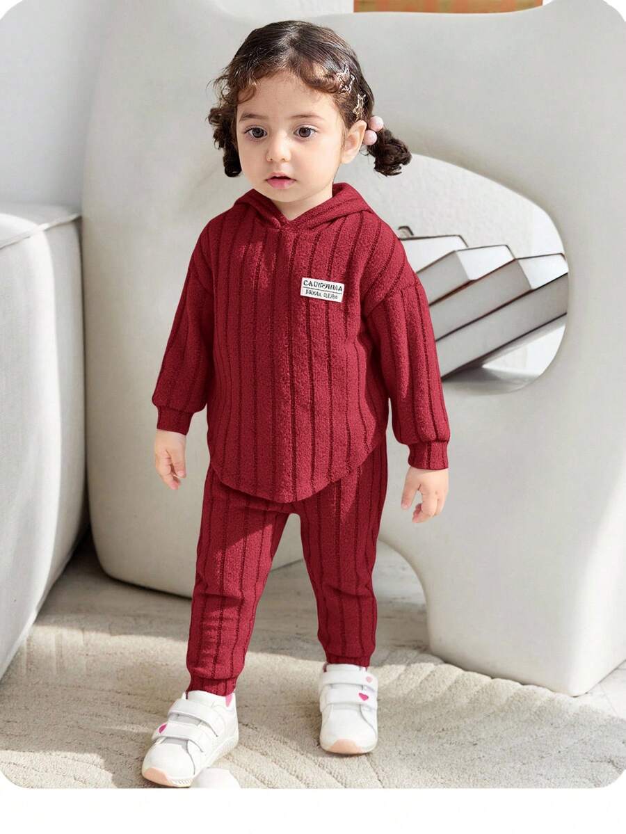 SHEIN 女婴秋冬可爱长袖连帽卫衣裤套装，婴儿服装 - 紅色 - 查看 1
