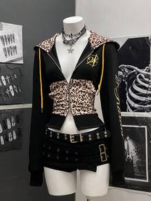 SHEIN Unity Áo nỉ họa tiết da báo vá phong cách Punk thời trang dạo phố dành cho nữ, Thu/Đông - màu đen - Xem 7