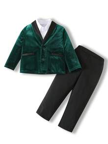 Set de 2 piezas: Chaqueta de blazer de terciopelo verde y pantalones negros para niño pequeño, traje de caballero, adecuado para interior, exterior, diario, deportes, juego, fiesta, sesión de fotos, boda, bautizo, elegante, invitado de boda, paje, niño de las argollas, boda, festival, Halloween, Navidad, Año Nuevo en primavera/verano/otoño/invierno