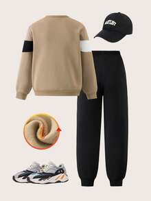 SHEIN Bộ áo hoodie vải nỉ chắp vá phong cách đại học thường ngày cho bé trai, thích hợp mặc hàng ngày, trở lại trường, khuôn viên trường, mùa thu/đông - Nhiều màu - Xem 2