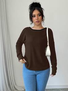 Elenzga Women's Autumn Bowknot Decorated Long Sleeve Fashion T-Shirt Graphic Tees Women Tops For Spring - Coffee Brown - View 4