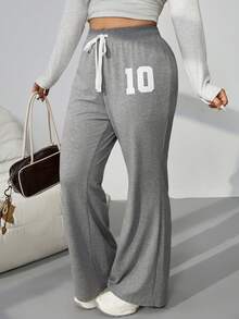 SHEIN EZwear 大码女式数字印花抽绳腰喇叭休闲裤，大码喇叭运动裤，秋冬款 - 淺灰色 - 查看 9
