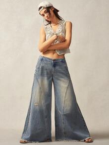 Bohemela Plus Size Low Waist Button Pocket Casual Wide Leg Pants