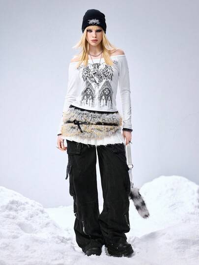 Grunge Punk Jupe mini en fausse fourrure style patchwork rétro Y2K pour femmes, taille très basse