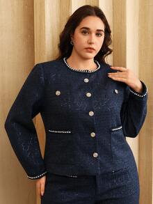 Anewsta Plus Size Women's Autumn Elegant Formal French Classic Retro Tweed Jacket,Round Neck Sequins Tassel Pearl Ribbon Metal Decor Waist Cinched Outerwear - Navy Blue - View 3