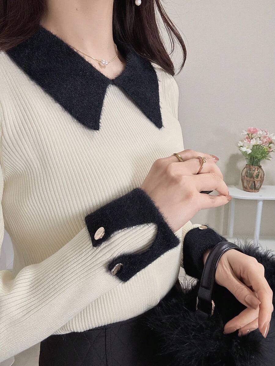 FRIFUL 女士撞色领泡泡长袖毛衣 - 白色 - 查看 1