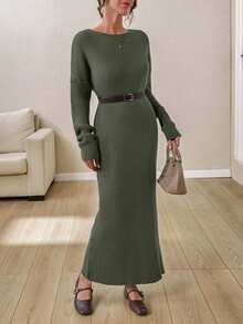 EURMUSE Boat Neck Ribbed Knit Midi Dress – Earthy Brown | Oversized Fit With Textured Stitch - Army Green - View 4