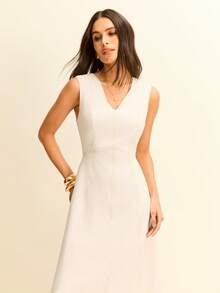 Daynim Vestido evasé de cuello en V sólido - Blanco - Ver 5