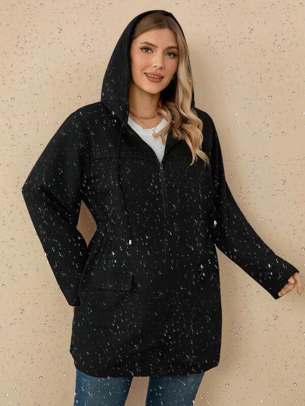 Rosumi Plus Size Women's Autumn Casual Solid Color Zip-Up Waterproof Casual Black Hooded Jacket,Cinched Waist Black Lightweight Hooded Trench Coat With Pockets, Fall Women Clothes,Fall,Winter Clothes For Women,Vintage,Going Out Outfits,Fall Clothes For Women,Fall Outfits,Winter Jacket,Trench Coat,Winter Jacket For Women,2025 New