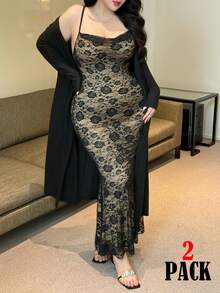 Flirla Plus Size Lace Slip Dress & Ribbed Knit Cardigan 2 Pieces Set Modest - Multicolor - View 3