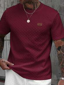 Manfinity CasualCool 男士夏季緹花羅紋領短袖T恤，酒紅色休閒街頭風城市度假穿搭，時尚百搭圖案T恤 - 酒紅色 - 查看 4