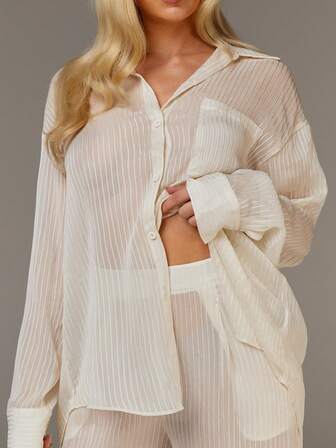 Athîral 女士纯色落肩长袖前开襟薄纱上衣和裤子两件套