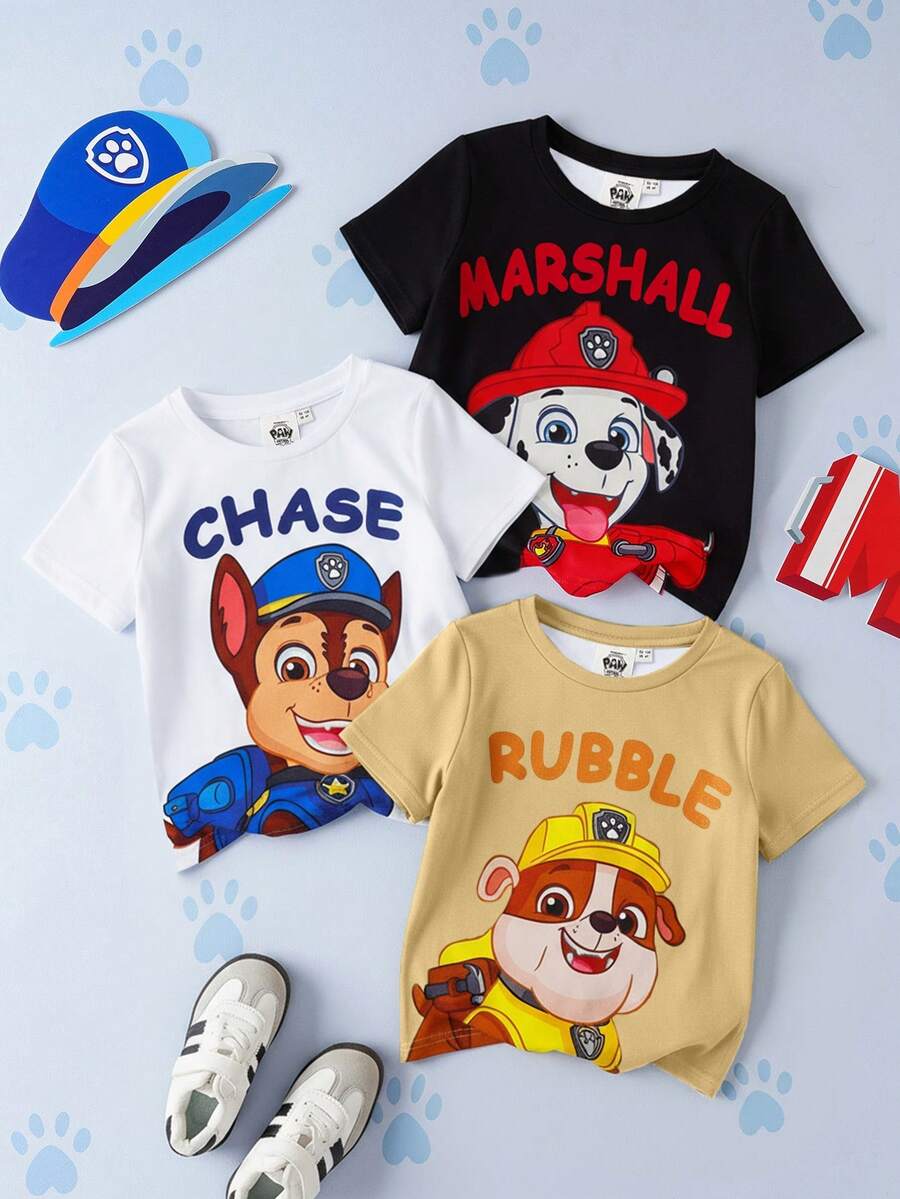 SHEIN | PAW Patrol 3pcs/Set Young Boy Cute Cartoon Puppy Print Crew Neck Knit Short Sleeve T-Shirts - Multicolor - View 1