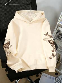 Sparklyn 少女秋冬舒适时尚休闲创意个性清新别致简约黑棕色豹纹蝴蝶图案印花卫衣，秋冬季穿着舒适 - 卡其色 - 查看 2