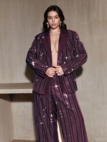 Anewsta Traje de blazer y pantalones a rayas con strass elegante y de talla grande - Morado - Ver 6