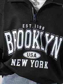 1件装少女圆领半拉链布鲁克林字母印花长袖套头卫衣，秋季款 - 黑色 - 查看 4