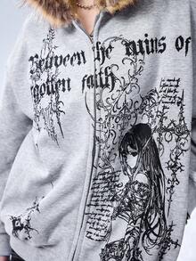 ROMWE EDITION Áo nỉ dáng rộng in họa tiết biểu tượng mạng Y3K, phối lông giả, cổ áo lông thú, dành cho nữ. - Xám - Xem 3