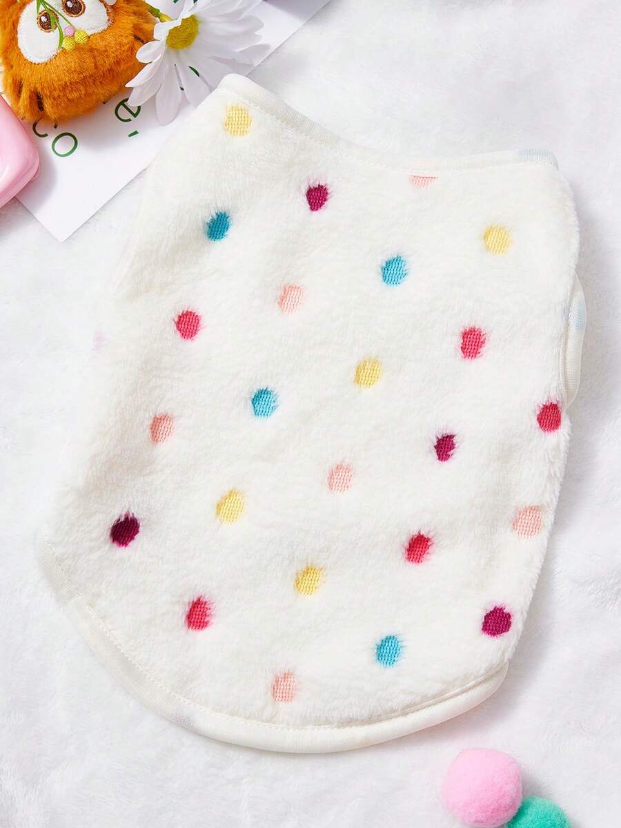 PETSIN 1pc Color Polka Dot Printed Pet Vest, White Autumn And Winter With Plush Warm Flannel Warm Pet Clothing - White - View 1