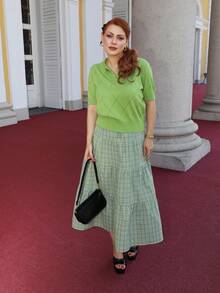 Gretanique Women's Summer  Green Casual Plaid Midi Layered Skirt - Green - View 5