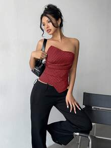 Aloruh Women's Autumn/Winter New Commuting Daily Wear Waist-Cinched Tight Asymmetric Pleated Striped Dark Grey Top - Burgundy - View 6