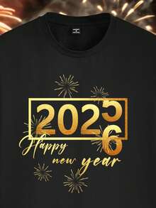 Manfinity Homme 2026新年庆祝金属金色时尚休闲印花男士标准版型短袖T恤，温馨家庭氛围亲子/情侣装 - 黑色 - 查看 4